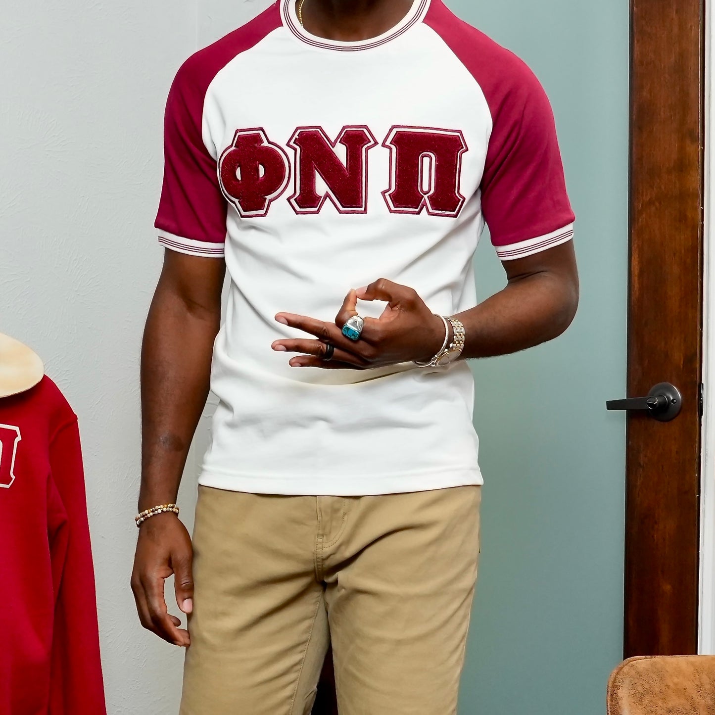 Chenille Phi Nu Pi T Shirt Cream & Crimson sleeves