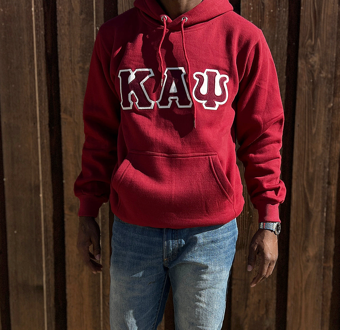 Kappa Alpha Psi Premium Double Stitched Appliqué Embroidery Lettered Hoodie. This is the perfect long-sleeved hoodie to wear while showing off your Kappa Alpha Psi fraternity lettering. A comfortable 100% cotton tee with a twill Greek letters embroidery across the chest give you the perfect fit. This hoodie is also a perfect gift for your favorite Kappa Man.