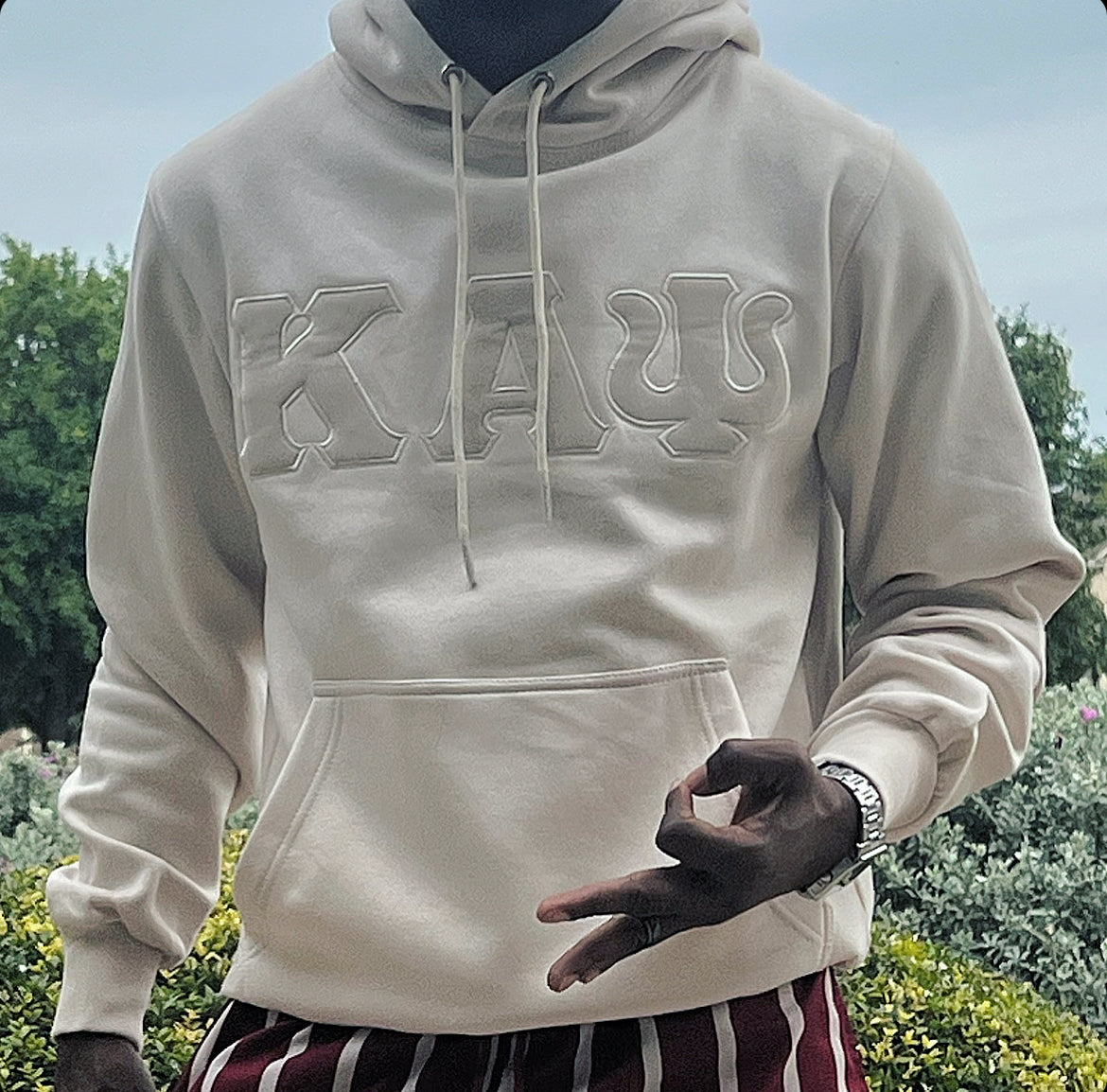 Exclusive Kappa Alpha Psi Embroidery Lettered Hoodie. This is the perfect long-sleeved hoodie to wear while showing off your Kappa Alpha Psi fraternity lettering. A comfortable cotton tee with a twill Greek letters embroidery across the chest give you the perfect fit. This hoodie is also a perfect gift or your favorite Kappa Man.