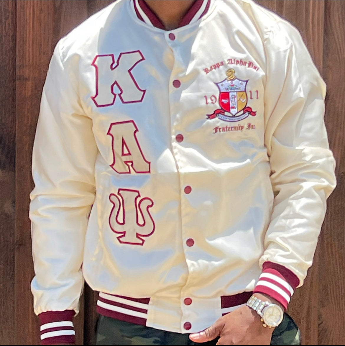 Kappa Alpha Psi Satin Embroidery Baseball Jacket - Cream Nupekave