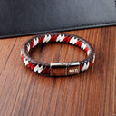 Elevate your fashion statement with this trendy Hand woven Magnet Buckle Men's Leather Red Bracelet Bangle With Stainless Steel. Made from high-quality leather and featuring a stylish magnetic closure, this bracelet is perfect for any occasion. The bold red color adds a pop of color to your outfit, while the stainless steel accents provide a sleek and modern touch.