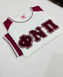 Chenille Phi Nu Pi T Shirt Cream & Crimson sleeves