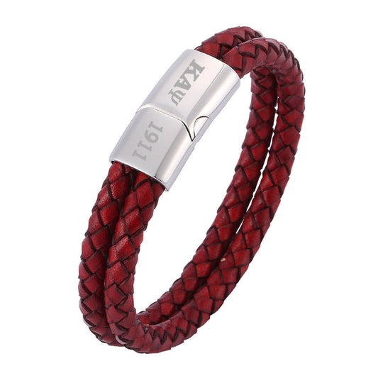 Add a touch of style to your wrist with this hand-woven Magnet Buckle Men's Leather Red Bracelet Bangle. The bracelet is made of high-quality leather and features a sturdy stainless steel buckle for a secure fit. The red color adds a pop of color to any outfit, while the steel accents give it a unique touch.