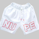 Get ready for summer with these Kappa Alpha Psi “NUPE” shorts! Perfect for any fraternity functions , these shorts are a must-have addition to your summer wardrobe. Made with high-quality materials, they are both comfortable and stylish.White shorts with red text on a gray background