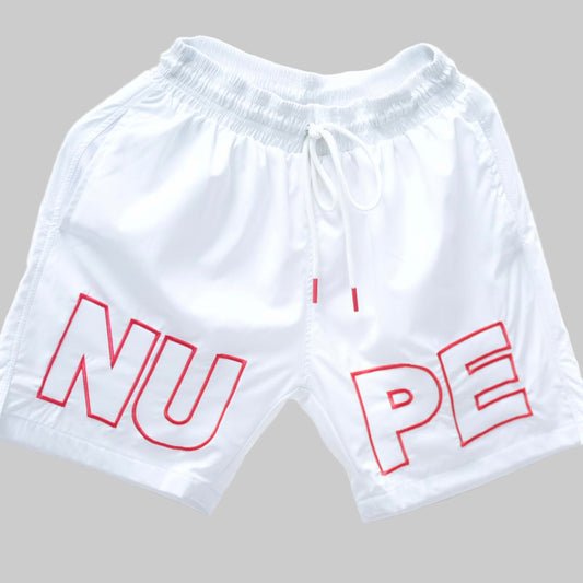 Get ready for summer with these Kappa Alpha Psi “NUPE” shorts! Perfect for any fraternity functions , these shorts are a must-have addition to your summer wardrobe. Made with high-quality materials, they are both comfortable and stylish.White shorts with red text on a gray background