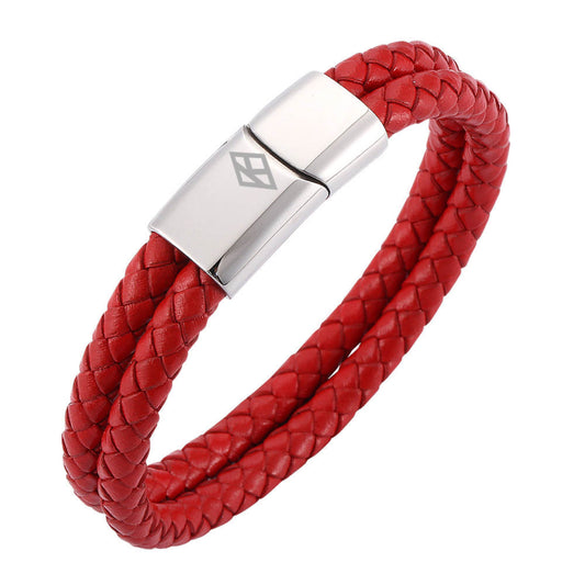 Elevate your style with this stunning hand-woven red leather bracelet bangle designed for men. Enclosed with a magnetic buckle made of high-quality stainless steel, this bracelet is sure to add an elegant touch to any outfit. The combination of leather and metal creates a unique and sophisticated look that is perfect for any occasion.