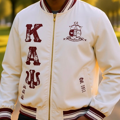 The Kappa Alpha Psi Cream Twill Jacket is a stylish and classic outerwear option for men. Made with durable twill material, this jacket features the signature ivory/ cream color of the Nupe Kave brand. It is designed with regular sizing in mind, making it a versatile option for a variety of men's sizes. Perfect for adding a touch of sophistication to any outfit, this jacket is a must-have for any man looking to showcase their Kappa Alpha Psi pride in style.