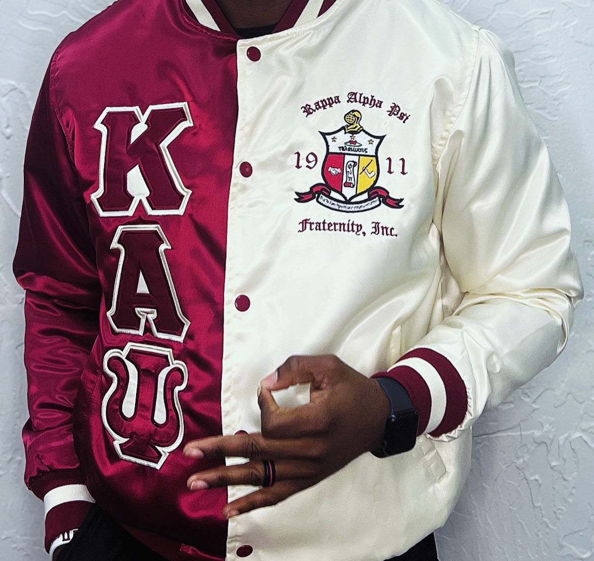 Kappa Alpha Psi Satin Embroidery Baseball Jacket - Cream / Crimson ...