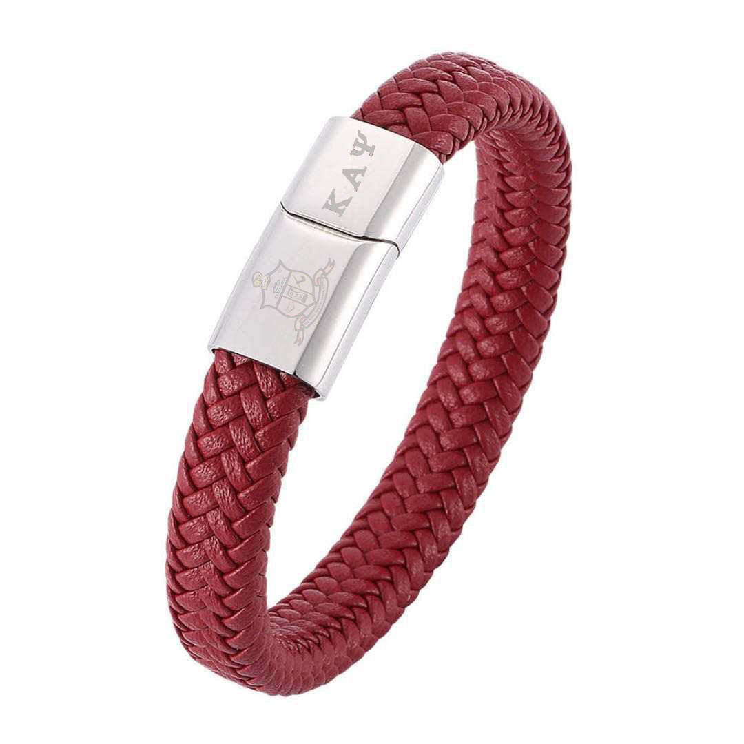 Kappa Alpha Psi Hand woven Magnet Buckle Men’s Leather Red Bracelet Bangle With Stainless Steel