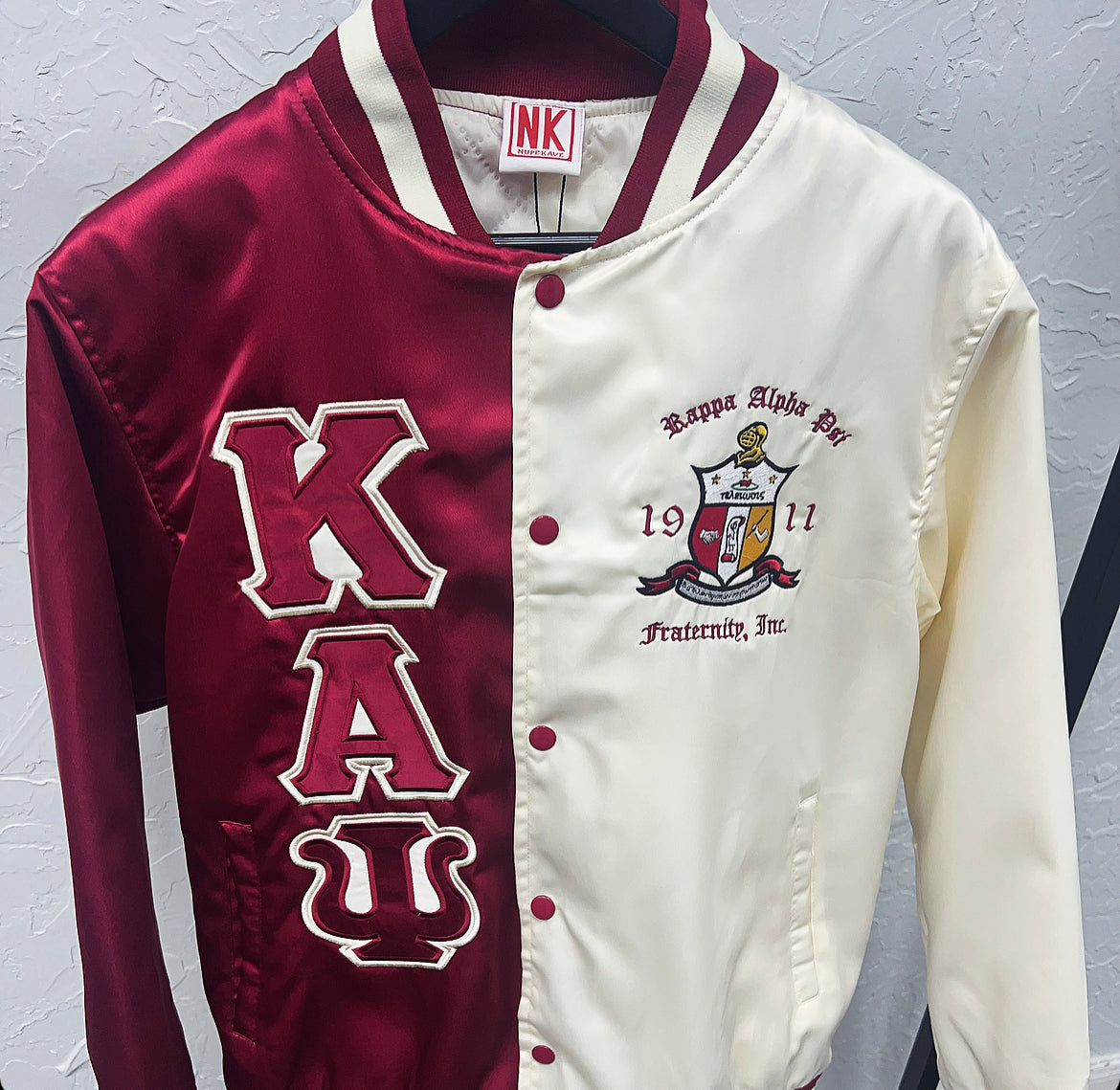 Kappa Alpha Psi Satin Embroidery Baseball Jacket - Cream / Crimson ...