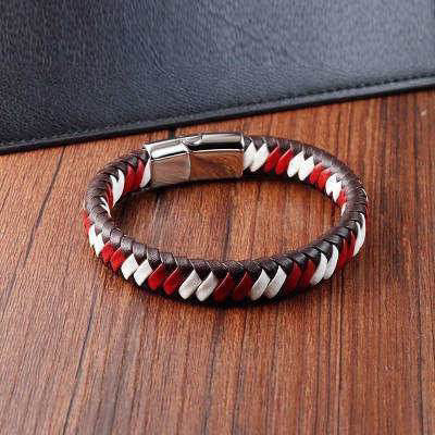 Elevate your fashion statement with this trendy Hand woven Magnet Buckle Men's Leather Red Bracelet Bangle With Stainless Steel. Made from high-quality leather and featuring a stylish magnetic closure, this bracelet is perfect for any occasion. The bold red color adds a pop of color to your outfit, while the stainless steel accents provide a sleek and modern touch.