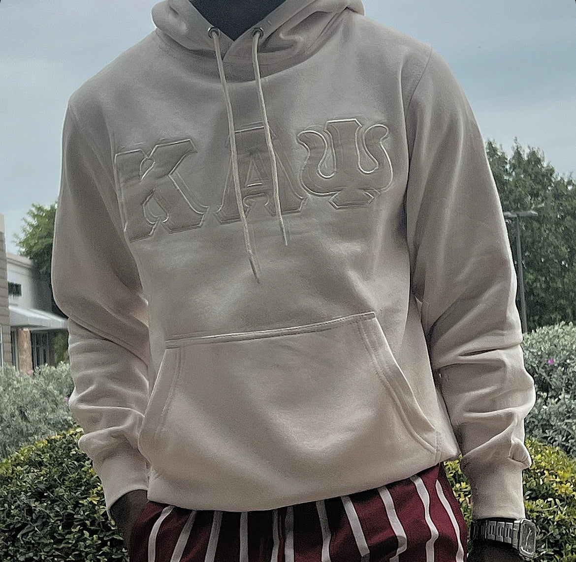 Exclusive Kappa Alpha Psi Embroidery Lettered Hoodie. This is the perfect long-sleeved hoodie to wear while showing off your Kappa Alpha Psi fraternity lettering. A comfortable cotton tee with a twill Greek letters embroidery across the chest give you the perfect fit. This hoodie is also a perfect gift or your favorite Kappa Man.