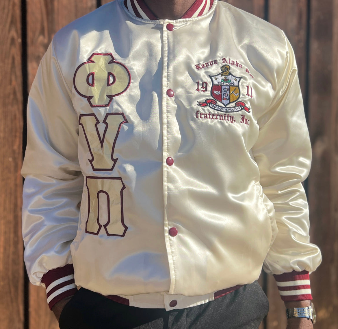 Kappa Alpha Psi Satin Embroidery Baseball Jacket Cream Crimson