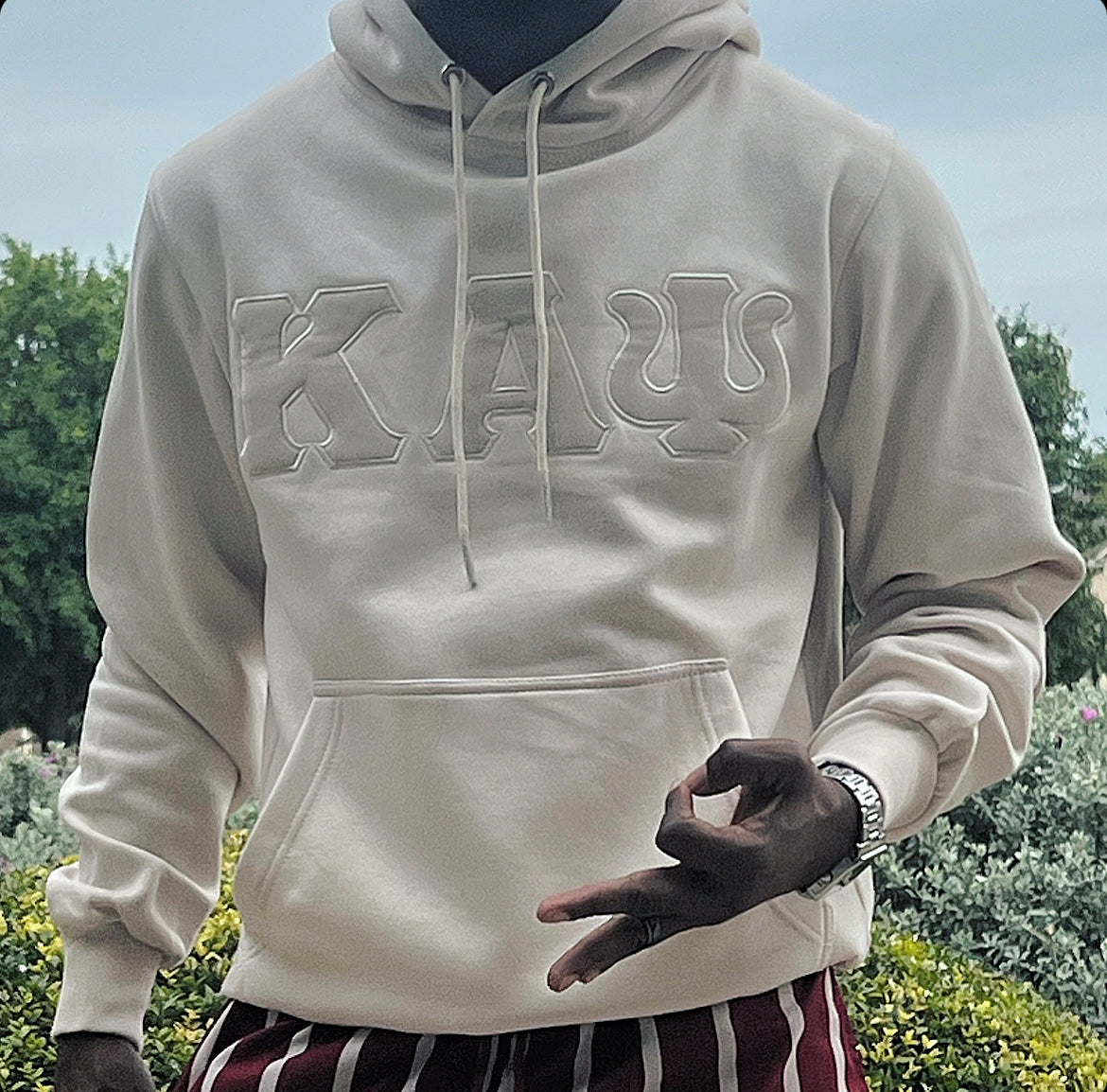 Exclusive Kappa Alpha Psi Embroidery Lettered Hoodie. This is the perfect long-sleeved hoodie to wear while showing off your Kappa Alpha Psi fraternity lettering. A comfortable cotton tee with a twill Greek letters embroidery across the chest give you the perfect fit. This hoodie is also a perfect gift or your favorite Kappa Man.