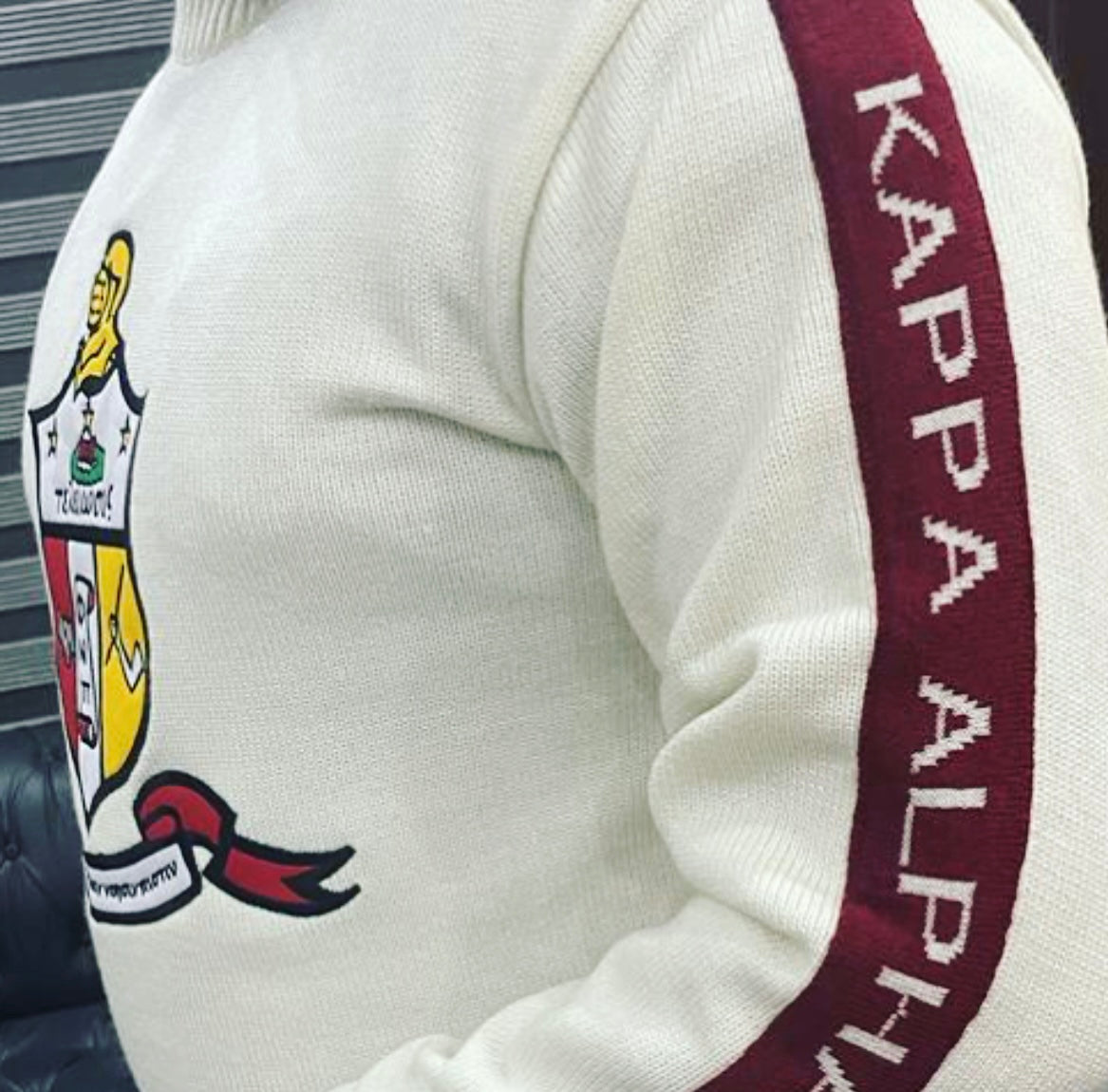 Exclusive Kappa Alpha Psi Double Stitched Appliqué Embroidery Crimson Sweater. This is the perfect long-sleeved Sweater to wear while showing off your Kappa Alpha Psi fraternity . A comfortable 100% Acrylic with a twill embroidery across the chest give you the perfect fit. This sweater is also a perfect gift for your favorite Kappa Man.