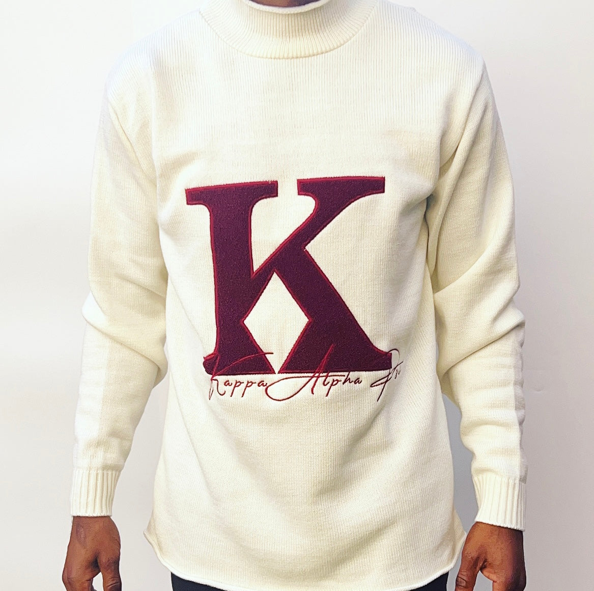 Exclusive Kappa Alpha Psi Chenille Appliqué Embroidery Crimson Sweater. This is the perfect long-sleeved Sweater to wear while showing off your Kappa Alpha Psi fraternity . A comfortable 100% Acrylic with a Chenille K diamond and Kappa Alpha Psi embroidery across the chest give you the perfect fit. This sweater is also a perfect gift for your favorite Kappa Man.