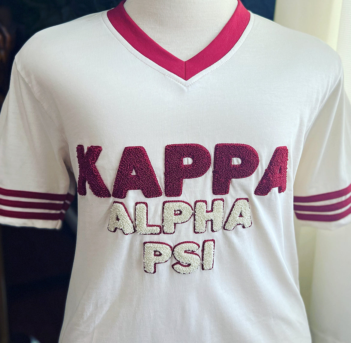 Exclusive Kappa Alpha Psi Double Chenille Lettered T-shirt . This is the perfect short-sleeved shirt to wear while showing off your Kappa Alpha Psi fraternity lettering. A comfortable 100% cotton tee with a twill Greek letters embroidery across the chest give you the perfect fit. This shirt is also a perfect gift for your favorite Kappa Man.    Fast Shipping & Processing: 1-2 days to process US Domestic Shipping: 3-5 business days International Shipping: 7-14 business