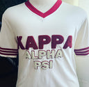 Exclusive Kappa Alpha Psi Double Chenille Lettered T-shirt . This is the perfect short-sleeved shirt to wear while showing off your Kappa Alpha Psi fraternity lettering. A comfortable 100% cotton tee with a twill Greek letters embroidery across the chest give you the perfect fit. This shirt is also a perfect gift for your favorite Kappa Man.