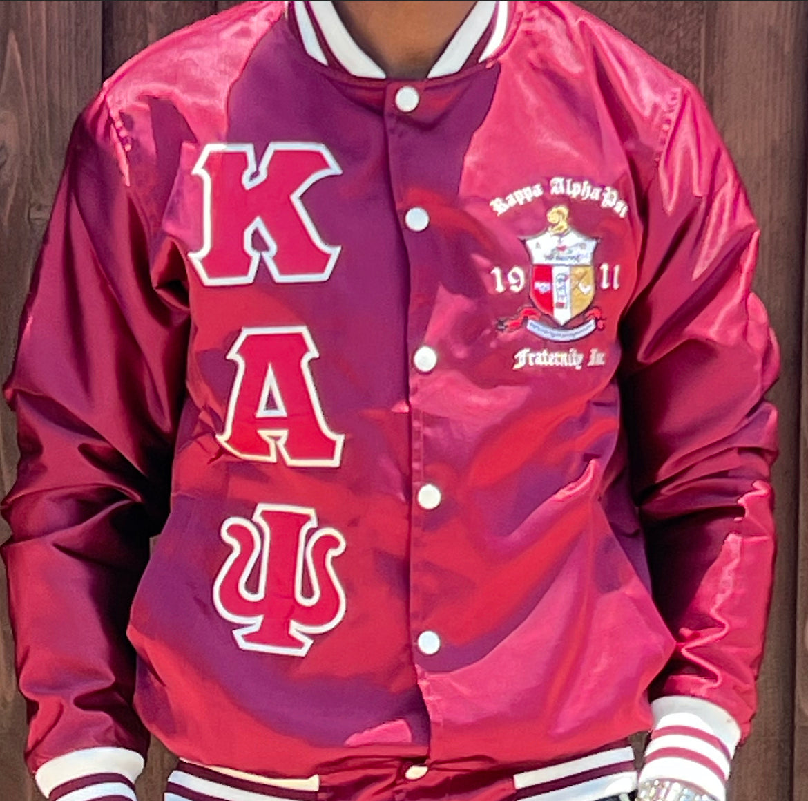 Kappa Alpha Psi Satin Embroidery Baseball Jacket - Crimson / Cream ...