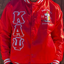 Check out our Kappa Alpha Psi satin jacket selection for the very best in unique design. This Kappa Alpha Psi Baseball Satin Jacket shows the fraternity Shield embroidered on left chest and Greek letters on right to create style and unique comfort in wear. Quality beyond imagination.
