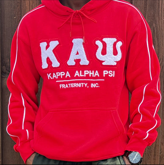 Exclusive Kappa Alpha Psi Double Stitched Appliqué Embroidery Lettered Hoodie. This is the perfect long-sleeved hoodie to wear while showing off your Kappa Alpha Psi fraternity lettering. A comfortable 100% cotton tee with a twill Greek letters embroidery across the chest give you the perfect fit. This hoodie is also a perfect gift for your favorite Kappa Man.