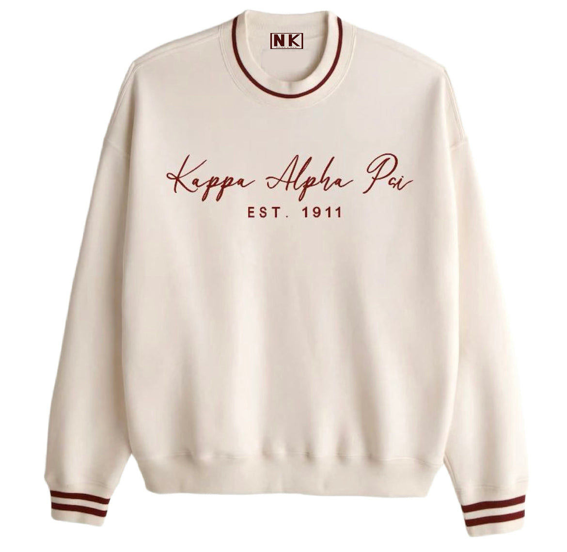 Exclusive Kappa Alpha Psi Double Stitched Appliqué Embroidery Lettered Sweater. This is the perfect long-sleeved Sweater to wear while showing off your Kappa Alpha Psi fraternity lettering. A comfortable 100% cotton tee with a twill Greek letters embroidery across the chest give you the perfect fit. This sweater is also a perfect gift for your favorite Kappa Man.