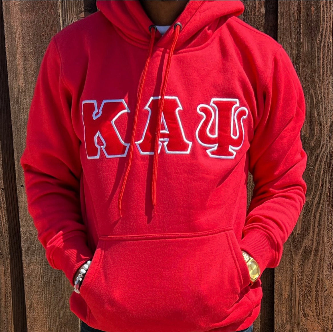 Exclusive Kappa Alpha Psi Double Stitched Appliqué Embroidery Lettered Hoodie. This is the perfect long-sleeved hoodie to wear while showing off your Kappa Alpha Psi fraternity lettering. A comfortable 100% cotton tee with a twill Greek letters embroidery across the chest give you the perfect fit. This hoodie is also a perfect gift or your favorite Kappa Man.