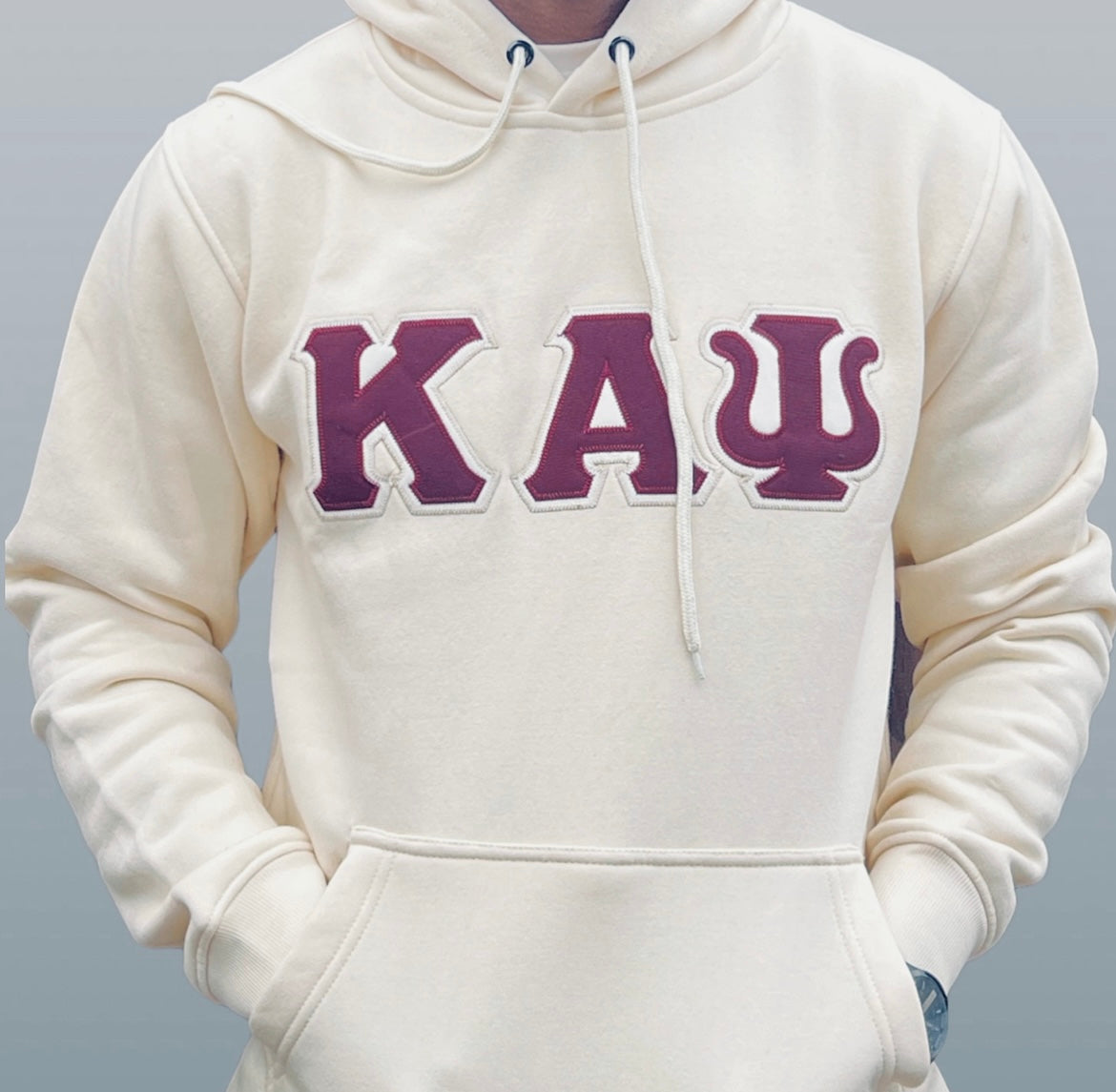 Kappa Alpha Psi Premium Double Stitched Appliqué Embroidery Lettered Hoodie. This is the perfect long-sleeved hoodie to wear while showing off your Kappa Alpha Psi fraternity lettering. A comfortable 100% cotton tee with a twill Greek letters embroidery across the chest give you the perfect fit. This hoodie is also a perfect gift or your favorite Kappa Man.